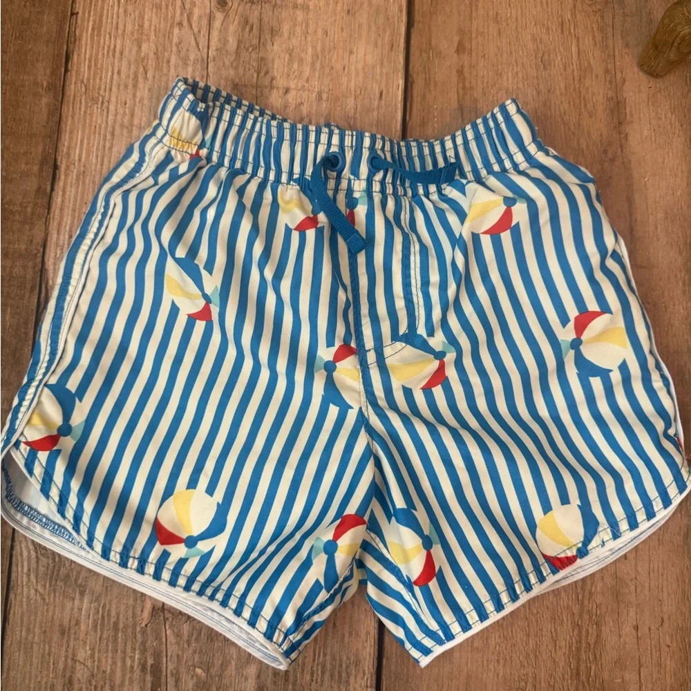 Hanna Andersson Blue & White Striped Swim Shorts with Beach Ball Motif